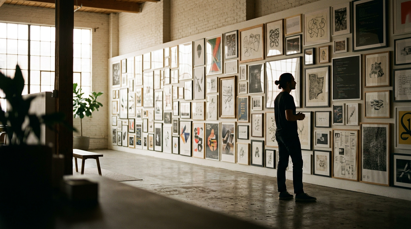 A person browsing a large gallery wall of creative work in a loft